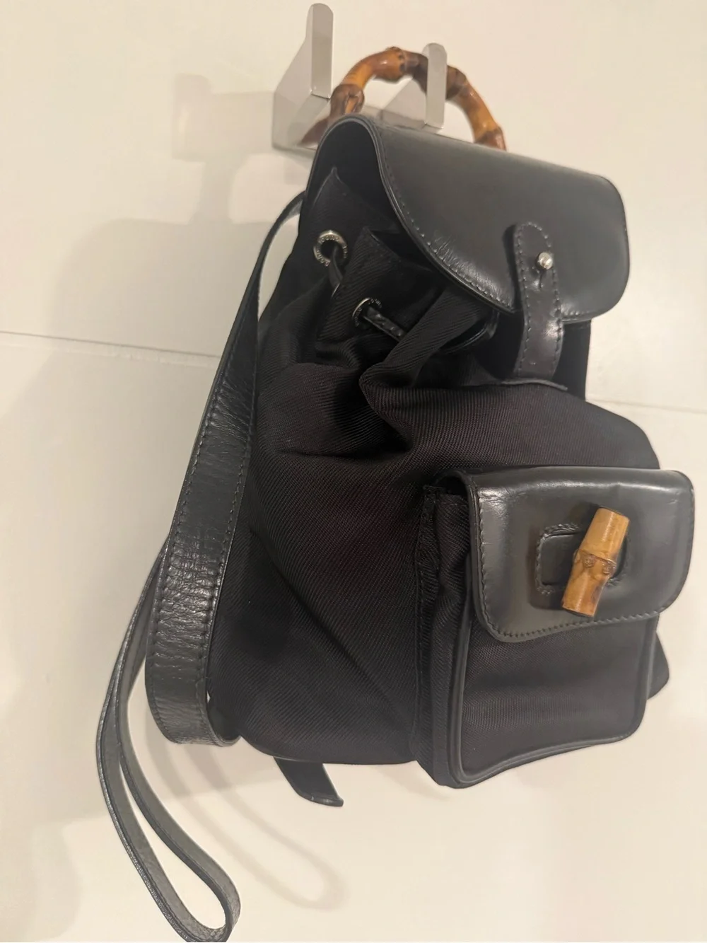 Mini Gucci Black Leather bamboo backpack with Drawstring